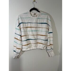 ROXY Striped Pullover Sweatshirt Crew Neck Long Sleeve White Blue Green Brown M